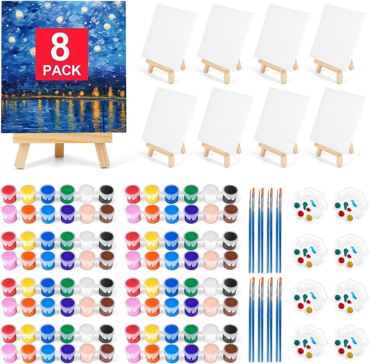 8 Pack 8 * 10In Canvas Boards for Painting, Art Canvas for Drawing with 16 Brushes & 8 Paint Trays & 16 Acrylic Paint, Mini Painting Canvas with Easel Set, Painting Kits for Adults & Kids Party